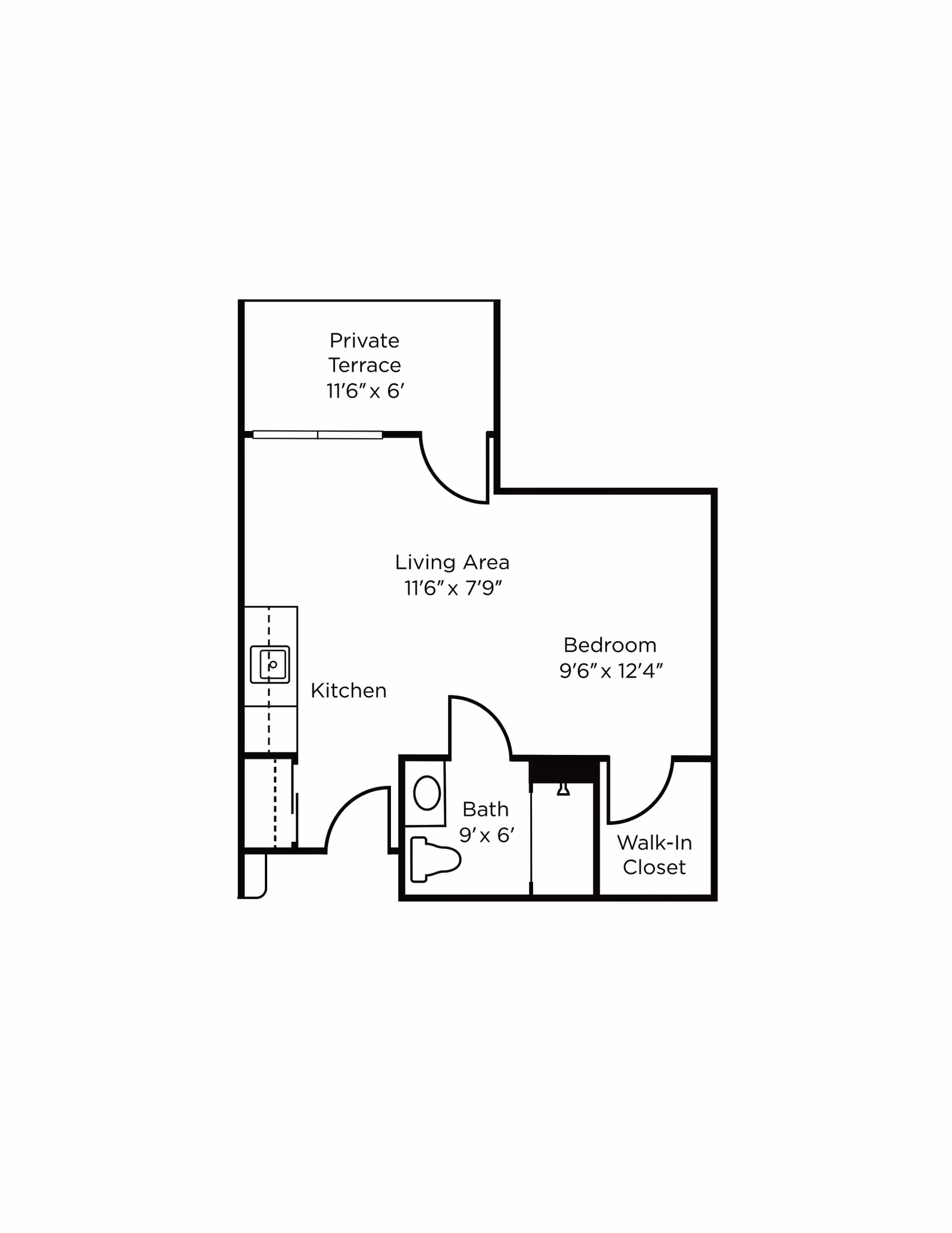 Floor plan of a living space at Brookdale Canyon Lakes showing a private terrace, living area, kitchen, bedroom, bathroom, and walk-in closet with dimensions.