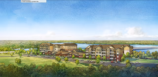 Illustrated aerial view of The Delaney at Lake Waco senior living facility showing multiple buildings surrounded by greenery with a lake and bridge in the background under a blue sky with clouds.
