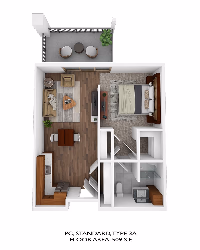 3D floor plan of a one-bedroom apartment with a living room, kitchen, dining area, bedroom, bathroom, and a balcony with two chairs and a small table. The living room has a sofa, armchair, coffee table, and TV. The kitchen includes a sink and refrigerator. The bedroom has a bed and nightstands. The bathroom has a toilet, sink, and shower.