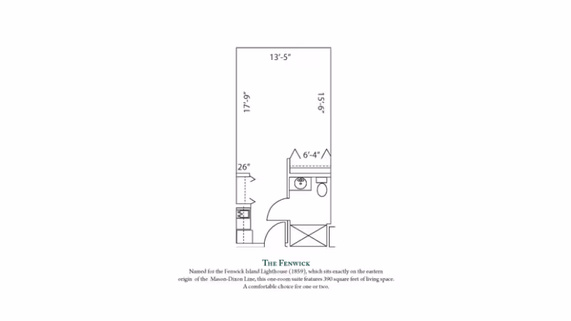 Black-and-white floor plan titled "The Fenwick" showing a studio layout with a kitchenette, bathroom, and room dimensions.