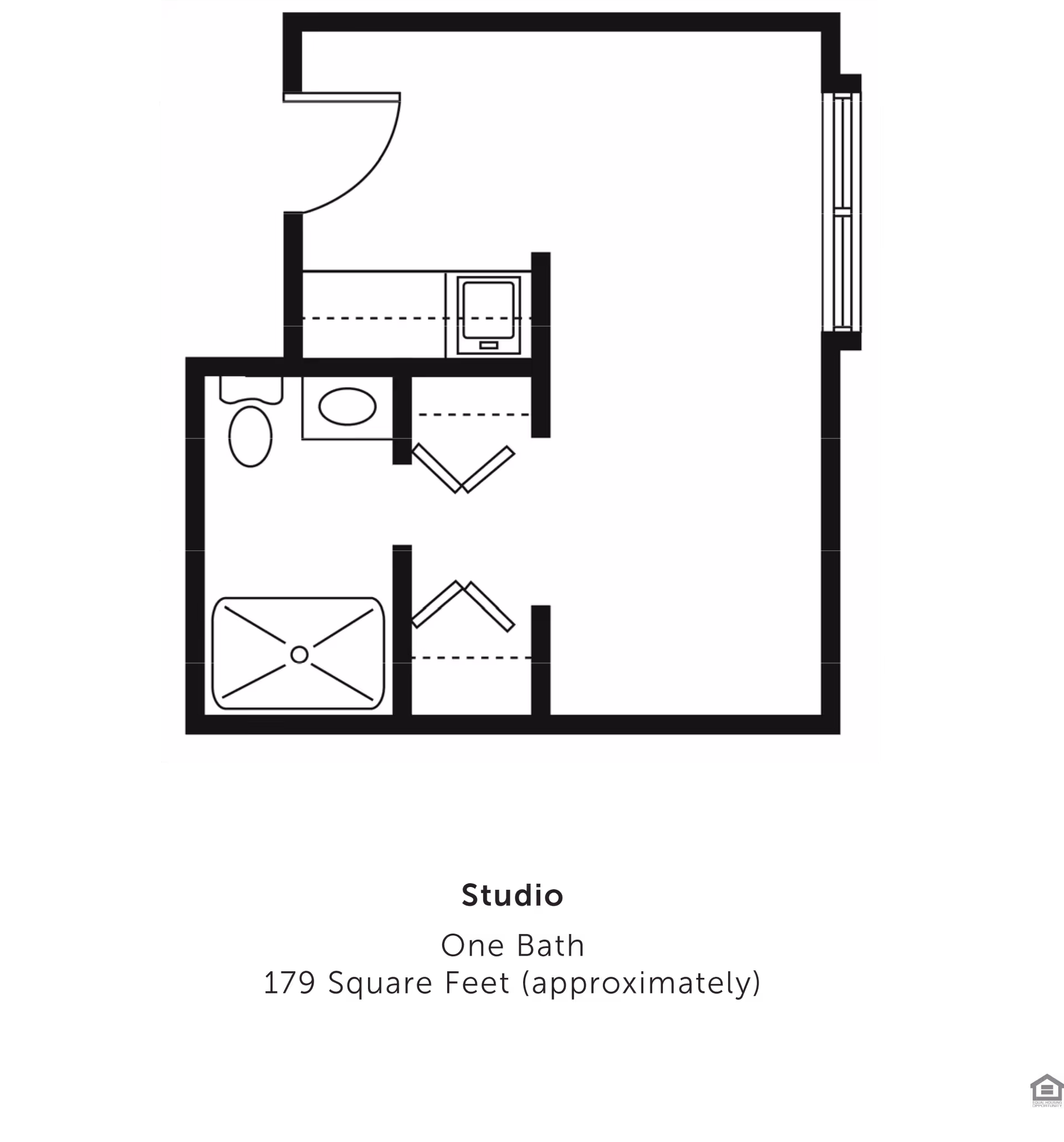 Floor plan of a studio apartment with one bathroom, approximately 179 square feet. The layout includes an entry door, a bathroom with a toilet, sink, and shower, a small kitchen area, and an open living/sleeping space with a window.