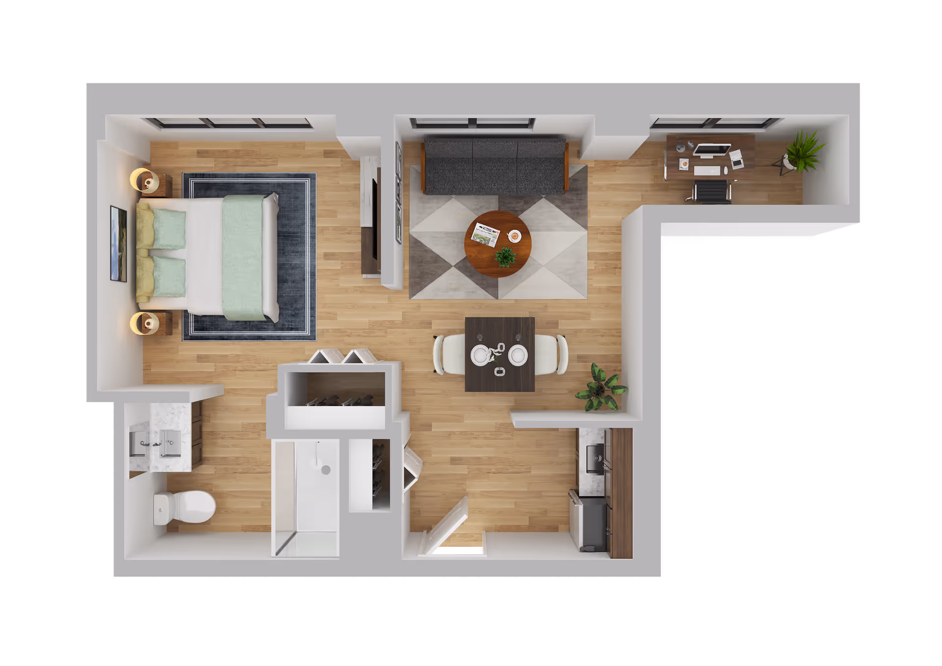 Top-down view of a one-bedroom apartment floor plan featuring a bedroom with a bed and nightstands, a bathroom with a toilet, sink, and shower, a living area with a sofa and coffee table, a dining area with a table and chairs, a kitchen with appliances and cabinetry, and a small office space with a desk and chair.