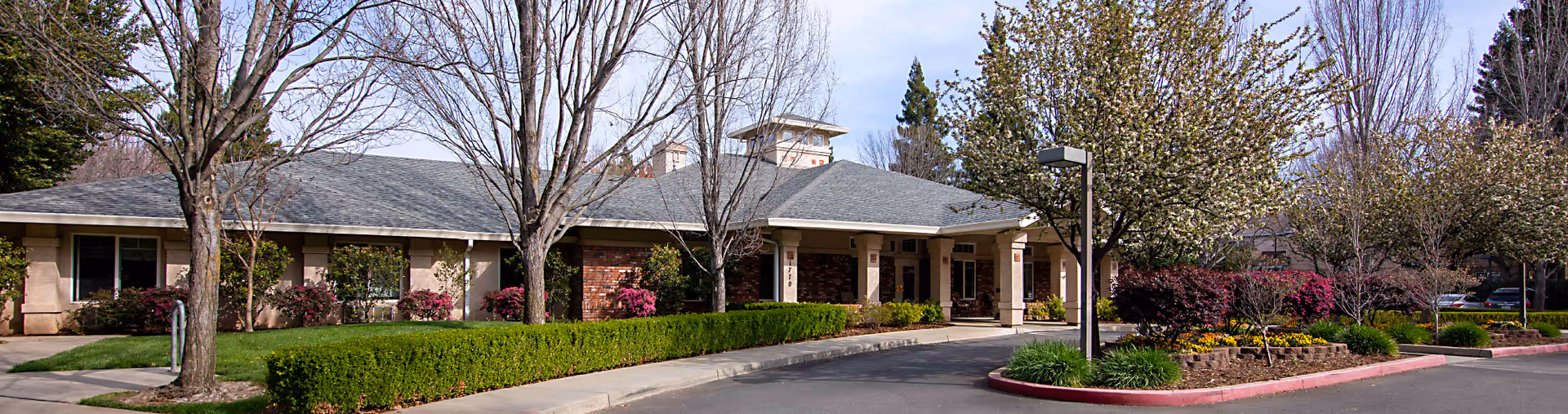 Landscaped driveway and entrance of a single-story senior living building with trees and shrubs.