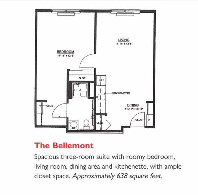 Floor plan of The Bellemont, a spacious three-room suite with a roomy bedroom, living room, dining area, kitchenette, bathroom, and ample closet space. The bedroom measures 11 feet 11 inches by 12 feet 3 inches, the living room is 11 feet 11 inches by 13 feet 5 inches, and the dining area is 11 feet 11 inches by 10 feet 11 inches. The kitchenette includes a refrigerator and closet space.