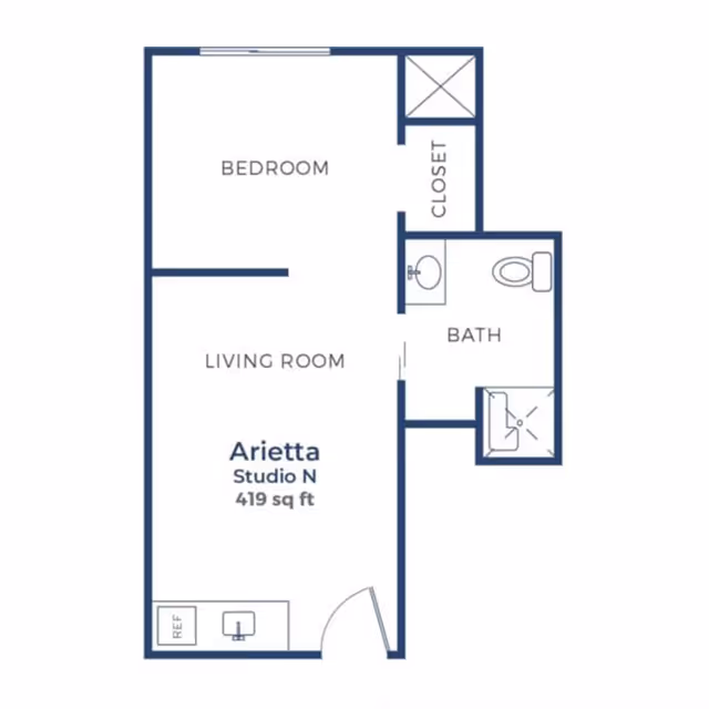 Blue-and-white floor plan titled "Arietta Studio N 419 sq ft" showing a bedroom, living room, kitchenette area, closet, and bathroom.
