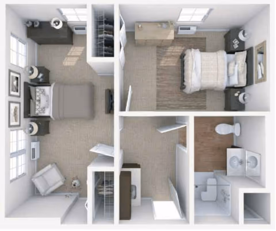 Top-down view of a senior living facility floor plan showing two bedrooms, a bathroom with a shower, toilet, and double sink, and closets. Each bedroom is furnished with a bed, nightstands, and dressers. The bathroom has a wooden floor section and the rest of the rooms have carpeted floors.