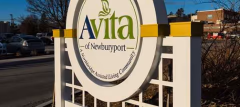 Avita of Newburyport exterior sign with circular logo outside the facility