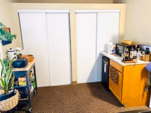 Small kitchenette area with a wooden cabinet, mini fridge, microwave, and various kitchen items on the countertop. To the left, there is a metal shelving unit with plants and other items. Two white sliding closet doors are visible in the background.