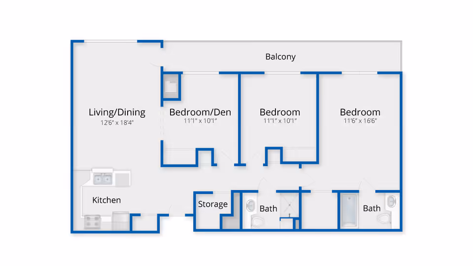 Floor plan of an apartment at New Pond Village showing a living/dining area, kitchen, three bedrooms including one labeled as bedroom/den, two bathrooms, storage, and a balcony.