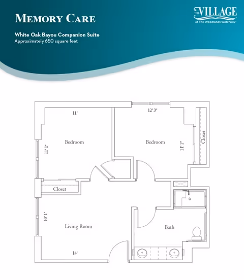 Floor plan of the White Oak Bayou Companion Suite for memory care at Village at Woodlands Waterway, showing two bedrooms, a living room, a bathroom, and closets, with approximate dimensions.