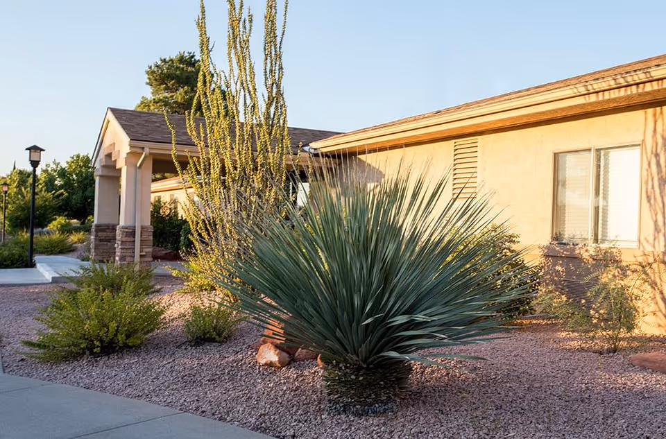 Exterior view of a single-story building with beige walls and a shingled roof, surrounded by desert landscaping including various shrubs and a large spiky plant in the foreground, under a clear blue sky.