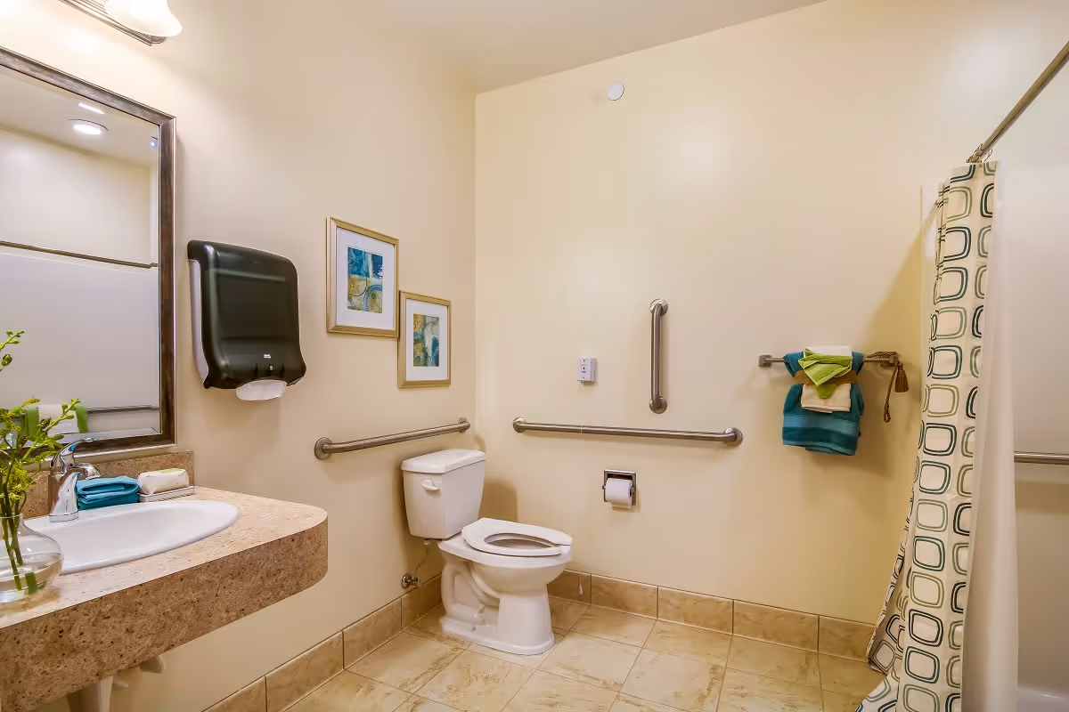 A clean and accessible bathroom with beige walls and tiled floor. It features a white toilet with grab bars on the walls around it, a sink with a granite countertop, a mirror above the sink, a black paper towel dispenser, two framed pictures on the wall, and a shower area with a patterned shower curtain. Towels are neatly folded and placed on a towel rack near the shower.