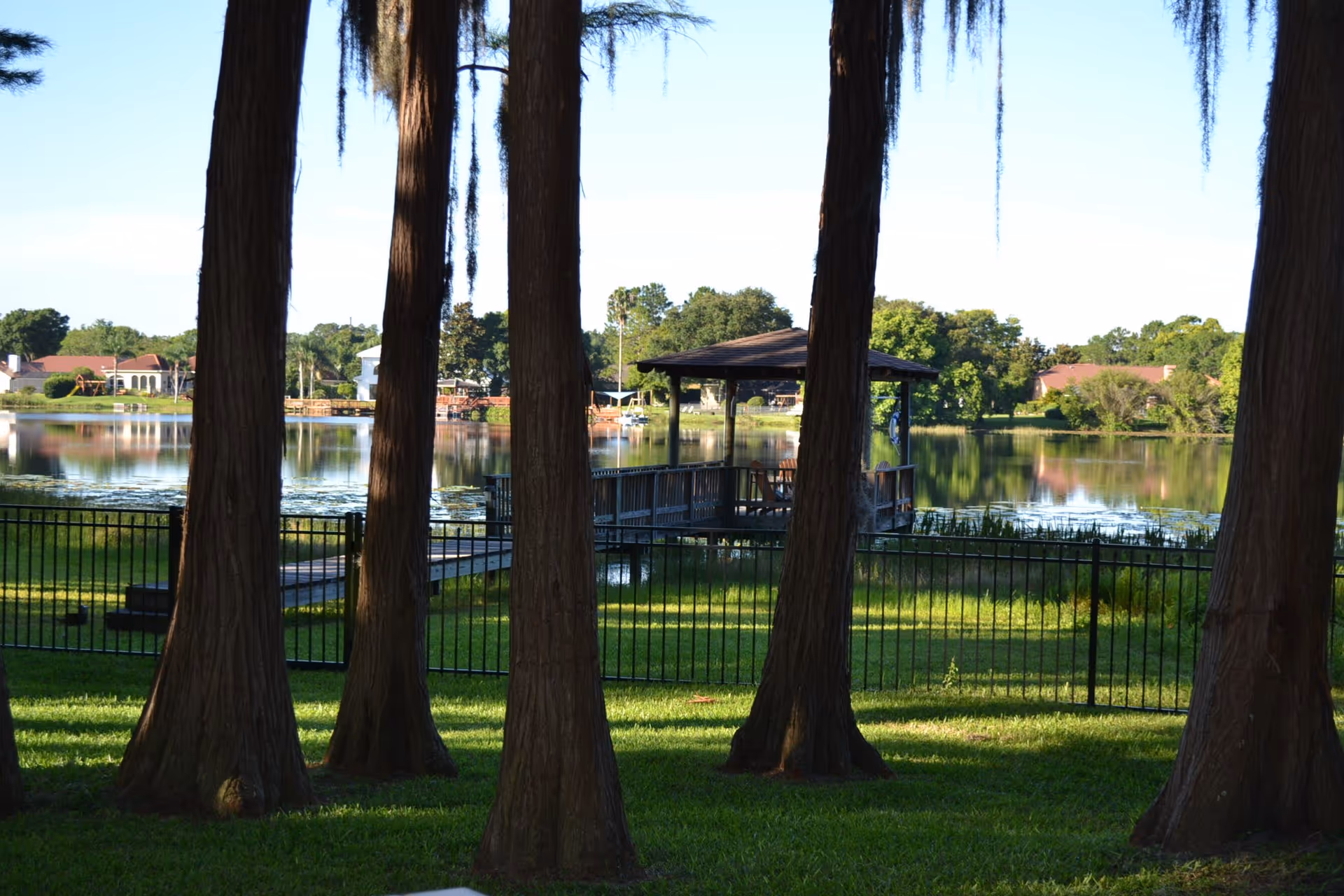 A serene outdoor scene featuring several tall trees in the foreground with hanging moss, a grassy area, a black metal fence, and a wooden gazebo on a dock extending over a calm lake. In the background, there are houses and trees reflecting on the water under a clear sky.