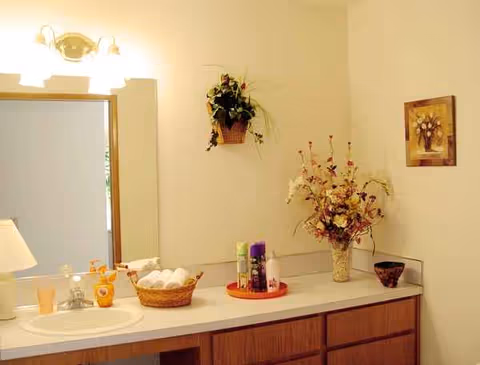 Bathroom vanity with sink, mirror, lights, towels, toiletries, and flowers.
