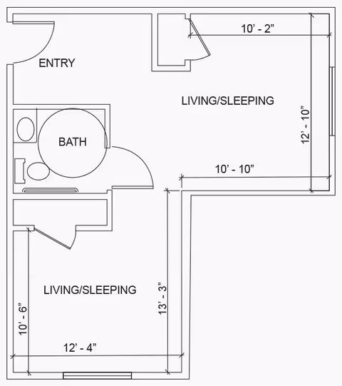 Architectural floor plan layout of a senior living unit at Camarillo Senior Living, showing an entry area, a bathroom with toilet and sink, and two living/sleeping areas with dimensions marked.