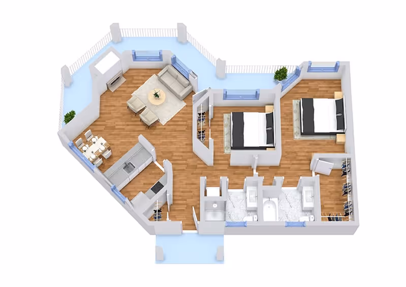 3D floor plan of a senior living apartment featuring two bedrooms with beds and nightstands, two bathrooms with sinks and a bathtub, a living room with a sofa, two chairs, a coffee table, and a fireplace, a dining area with a table and six chairs, and a kitchen with appliances and cabinetry. The apartment has wood flooring and multiple windows, with a balcony area surrounding part of the unit.