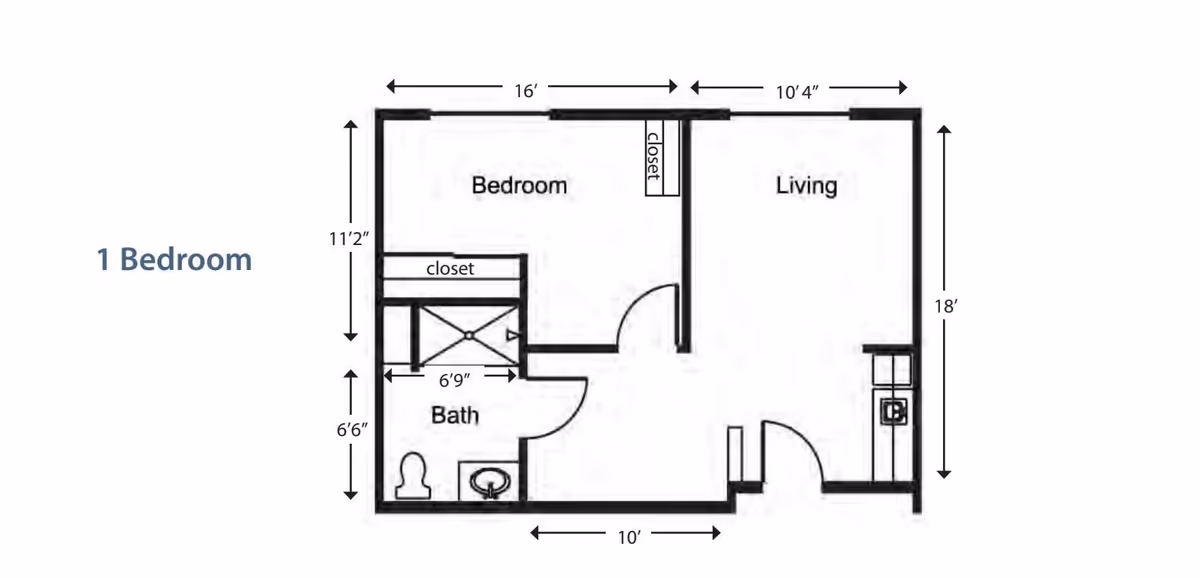 Floor plan of a one-bedroom apartment showing a bedroom with two closets, a bathroom with a toilet, sink, and shower, and a living area with a small kitchen section. Dimensions of each room and overall layout are indicated.