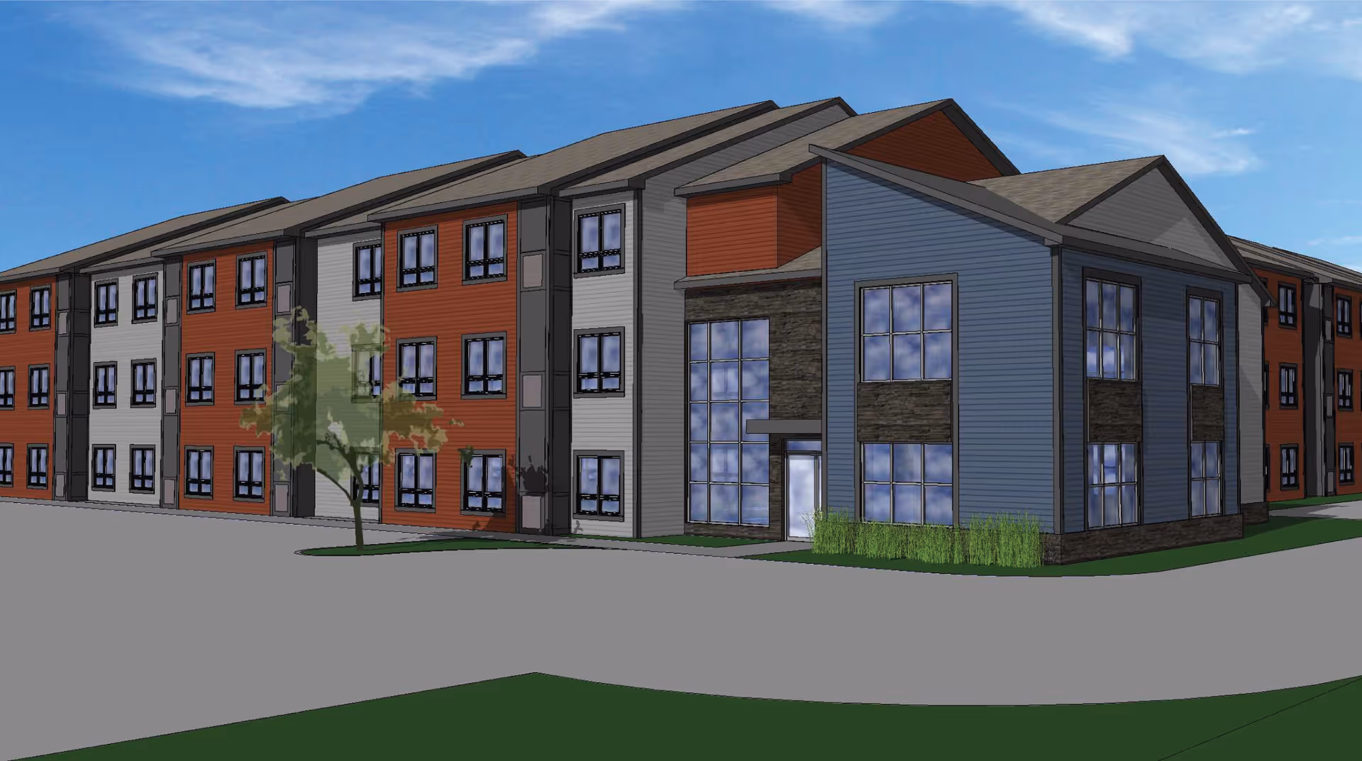 Digital rendering of a multi-story senior living facility building with red, gray, and blue exterior panels, multiple windows, a main entrance with large glass windows, a tree, and some landscaping under a partly cloudy sky.