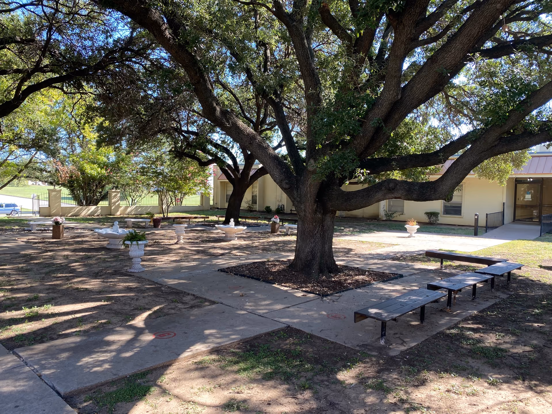 Outdoor courtyard area with large trees providing shade, several benches, potted plants, and a paved walkway. A building with a covered entrance is visible in the background.