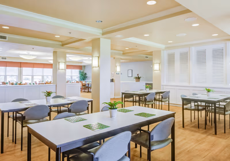 Bright and spacious dining room with multiple tables and chairs arranged neatly. Each table has a small potted plant and placemats. The room features light-colored walls, wooden flooring, and large windows with orange valances allowing natural light to fill the space.