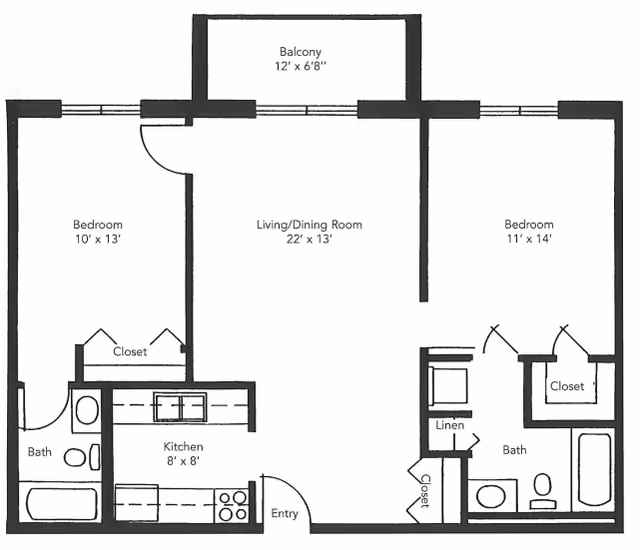 Floor plan of a two-bedroom apartment with a balcony, living/dining room, kitchen, two bathrooms, closets, and entry area.