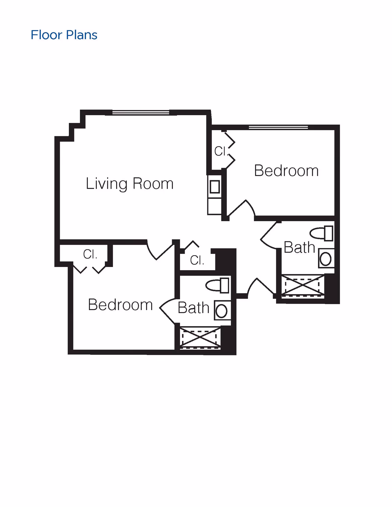 Floor plan layout showing two bedrooms, two bathrooms, and a living room. Each bedroom has a closet, and the bathrooms include a toilet and bathtub. The living room is centrally located with access to both bedrooms and bathrooms.
