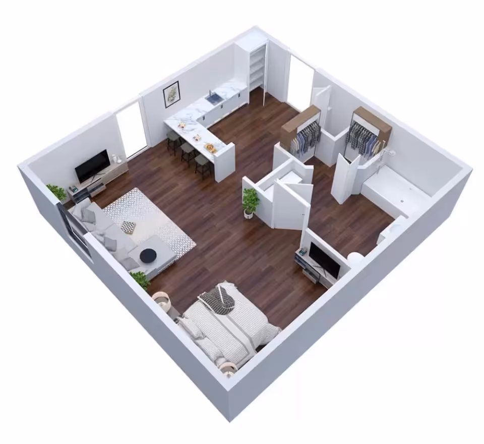 3D floor plan of a senior living unit featuring a bedroom with a bed and nightstands, a living area with a sofa and TV, a kitchen with a counter and stools, a bathroom with a bathtub, and two closets with hanging clothes.