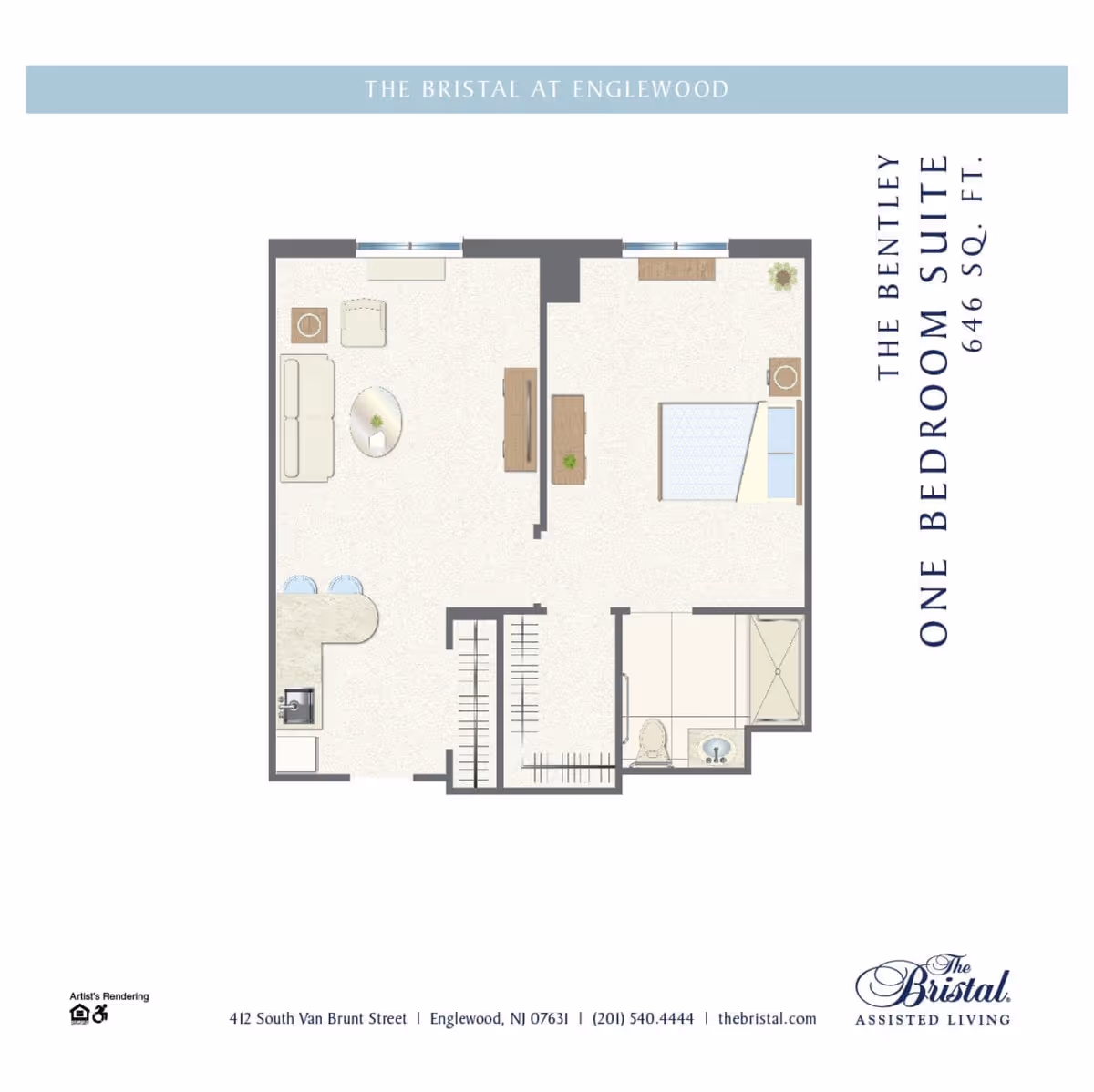 Floor plan of The Bentley one-bedroom suite at The Bristal Assisted Living at Englewood, showing a living room with sofa and chair, a kitchen area with a counter and sink, a bedroom with a bed and nightstand, and a bathroom with a toilet, sink, and shower. The suite measures 646 square feet.