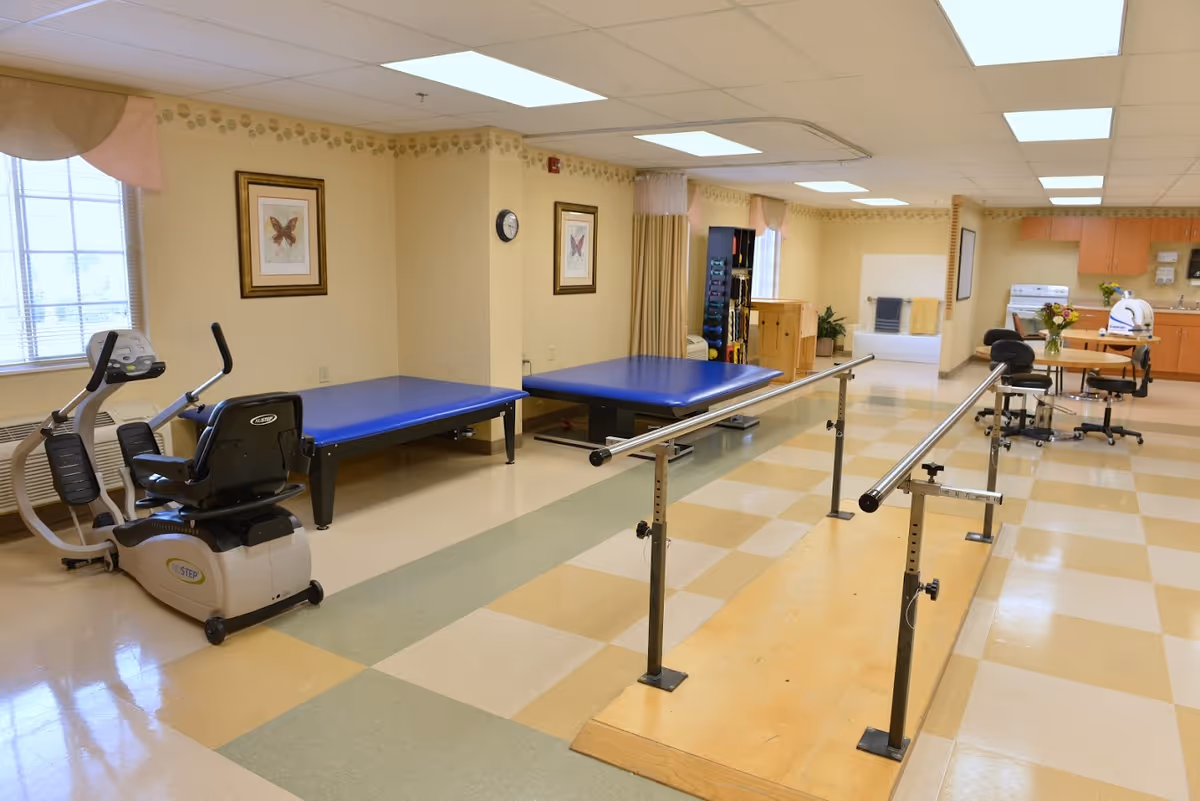 A physical therapy room with parallel bars for walking exercises, two blue therapy tables, an exercise bike, and a small table with chairs in the background. The room has checkered flooring, framed butterfly pictures on the walls, and large windows letting in natural light.
