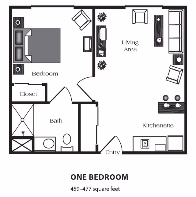 Floor plan of a one-bedroom apartment at San Marino Retirement Community showing a bedroom with a bed and two nightstands, a closet, a bathroom with a shower, toilet, and sink, a living area with seating and tables, and a kitchenette with a sink and appliances. The total area is 459-477 square feet.