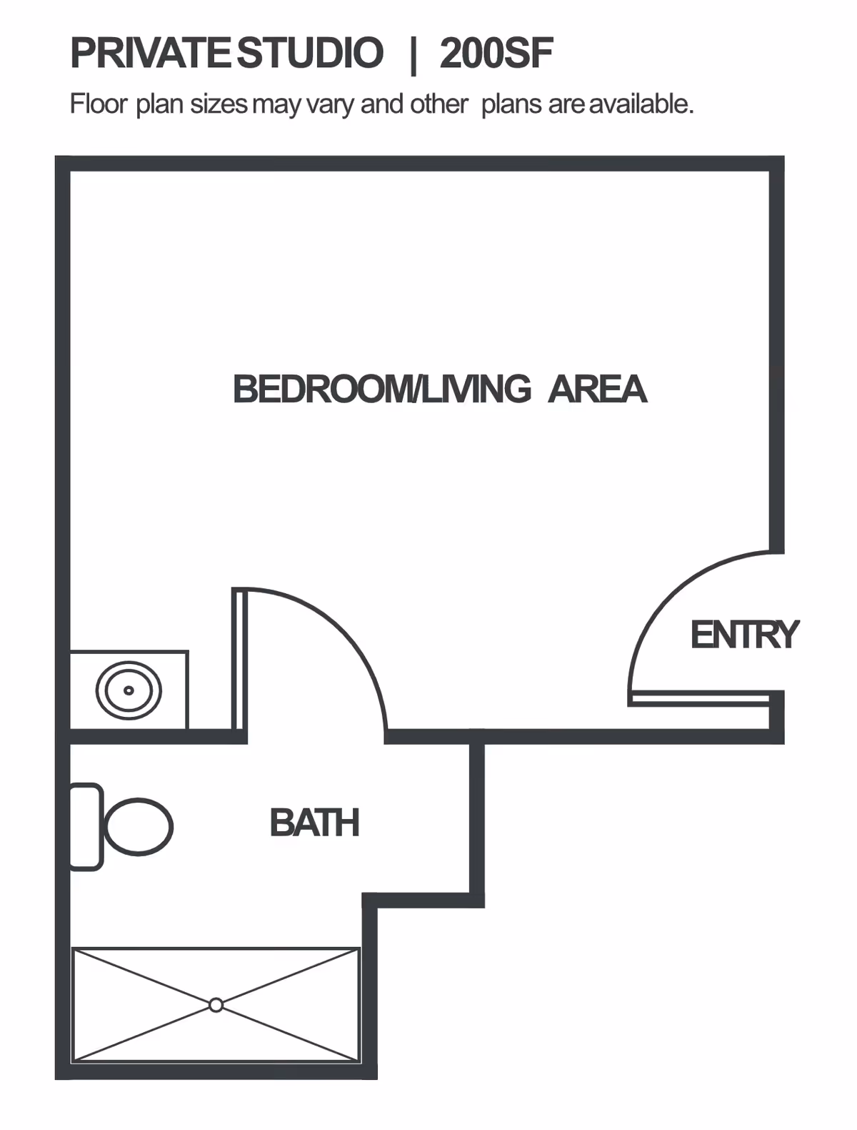 Floor plan of a private studio apartment with 200 square feet. The layout includes a combined bedroom and living area, an entry door, and a separate bathroom with a toilet, sink, and shower.