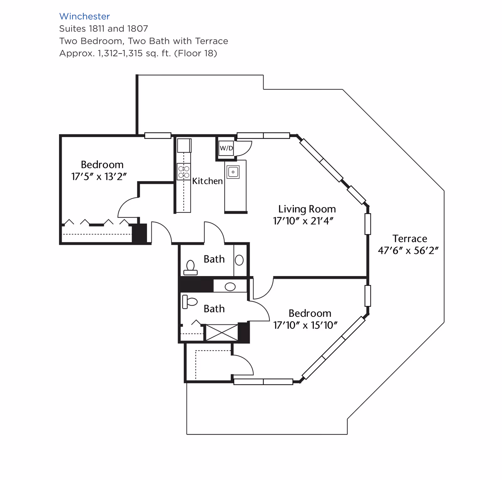 Floor plan of Winchester suites 1811 and 1807 at Brookdale Edina, showing two bedrooms, two bathrooms, kitchen, living room, and a large terrace. Dimensions are provided for each room and the terrace.