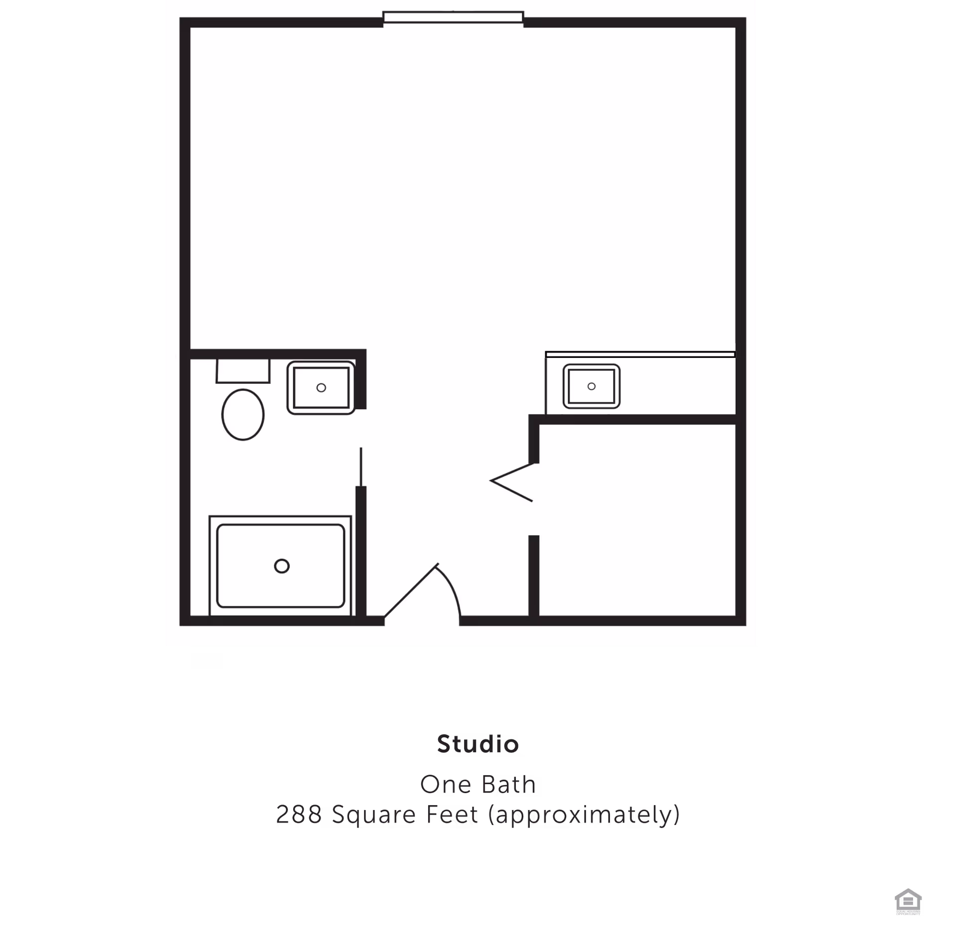 Black-and-white floor plan of a studio apartment showing a main living area, a bathroom, and a small kitchenette.