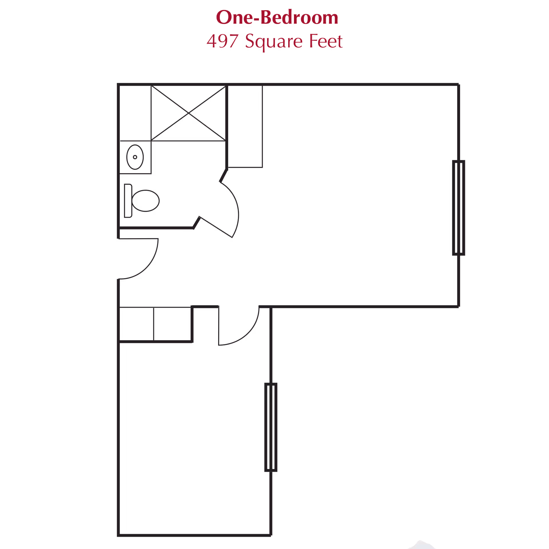 Black background floor plan diagram labeled 'One-Bedroom 497 Square Feet' showing outlines of a one-bedroom unit with a bathroom and windows.