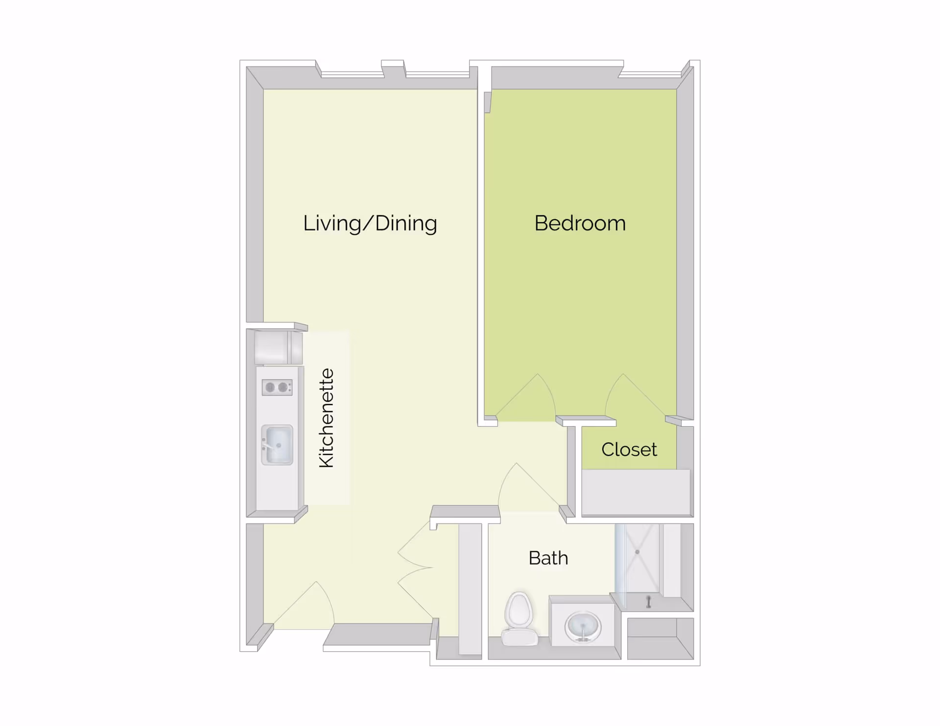 Floor plan of a one-bedroom apartment at The Residence at Valley Farm, showing a living/dining area with kitchenette, a bedroom with a closet, and a bathroom with a toilet, sink, and shower.