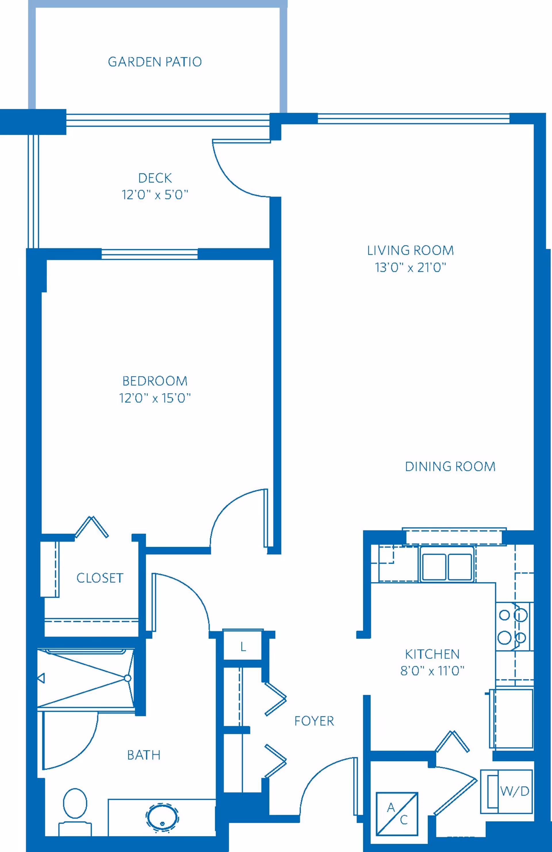 Architectural floor plan of a one-bedroom apartment at Vi at Palo Alto showing a garden patio, deck, bedroom with closet, bathroom, foyer, kitchen with washer/dryer, dining room, and living room with dimensions.