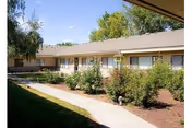 Single-story residential building with a paved walkway, landscaped shrubs, and lawn under a blue sky.