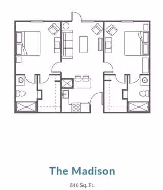 Architectural floor plan of The Madison apartment at Carriage Inn at Bryan, showing two bedrooms, two bathrooms, a kitchen, and a living room area, totaling 846 square feet.