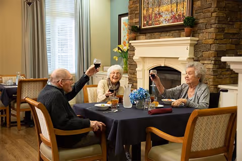 Three elderly people sitting around a dining table in a cozy room with a stone fireplace, raising their glasses in a toast. The table is set with plates, glasses, and a centerpiece of blue flowers. The room has warm lighting and framed artwork above the fireplace.