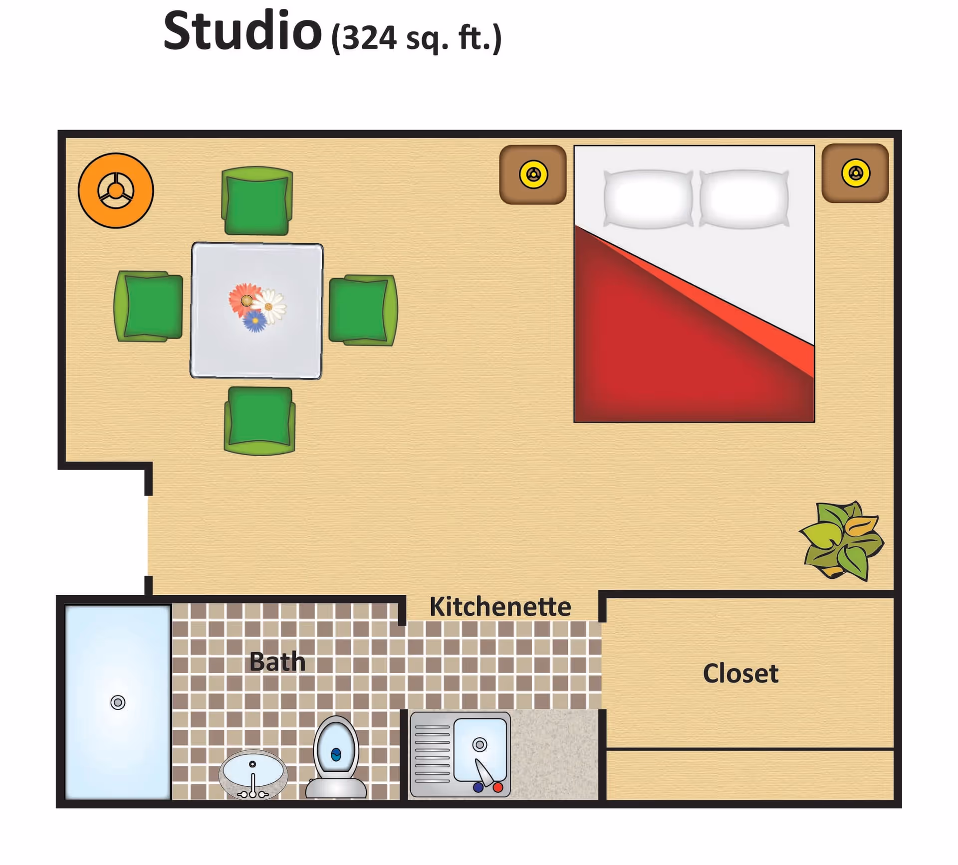 Floor plan of a 324 square feet studio apartment showing a bed with two pillows, two nightstands with lamps, a dining table with four chairs, a kitchenette with a sink, a bathroom with a shower, sink, and toilet, a closet, and a small plant in the corner.
