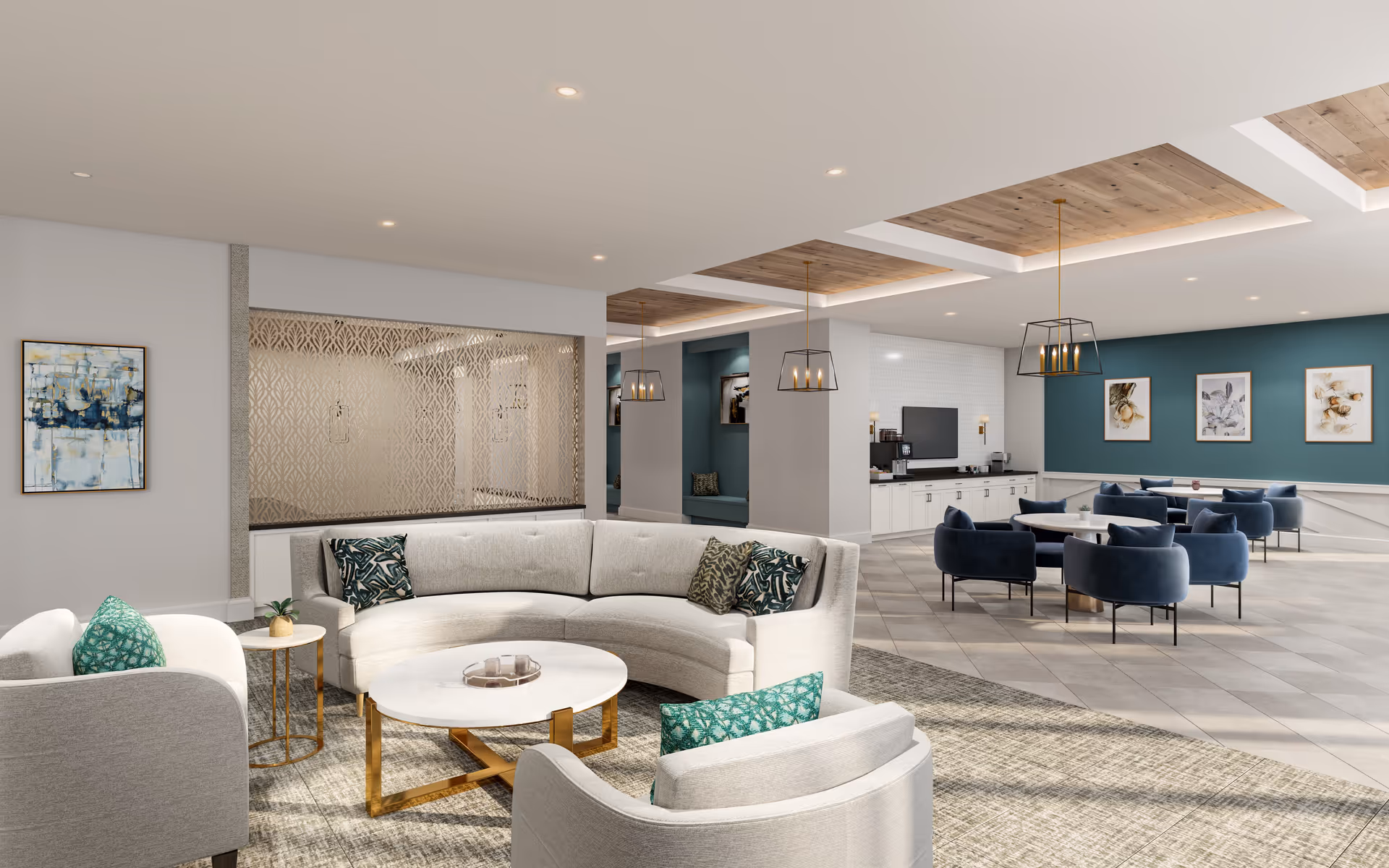 Spacious modern communal lounge with a curved sofa, armchairs, round coffee tables, and additional seating and dining tables in the background.
