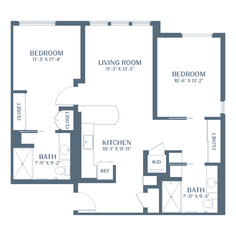 Architectural floor plan of an apartment at The Variel Of Woodland Hills showing two bedrooms, two bathrooms, a kitchen, and a living room. The layout includes closets in both bedrooms, a washer/dryer area, and dimensions for each room.