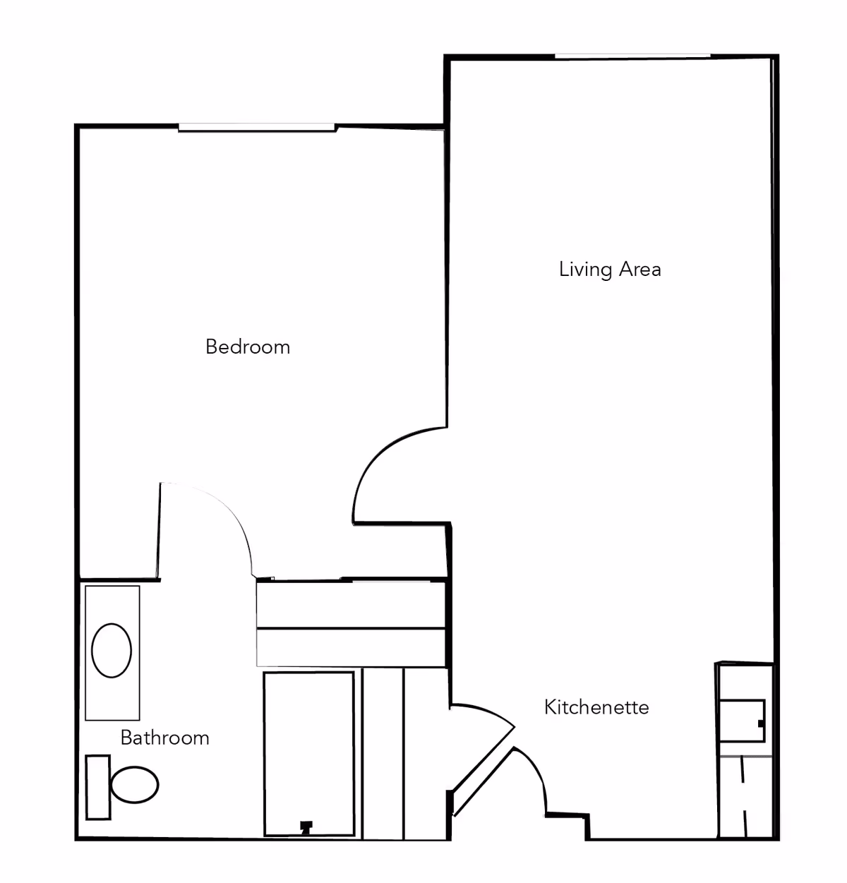 Floor plan layout showing a bedroom, bathroom, living area, and kitchenette in a senior living facility.