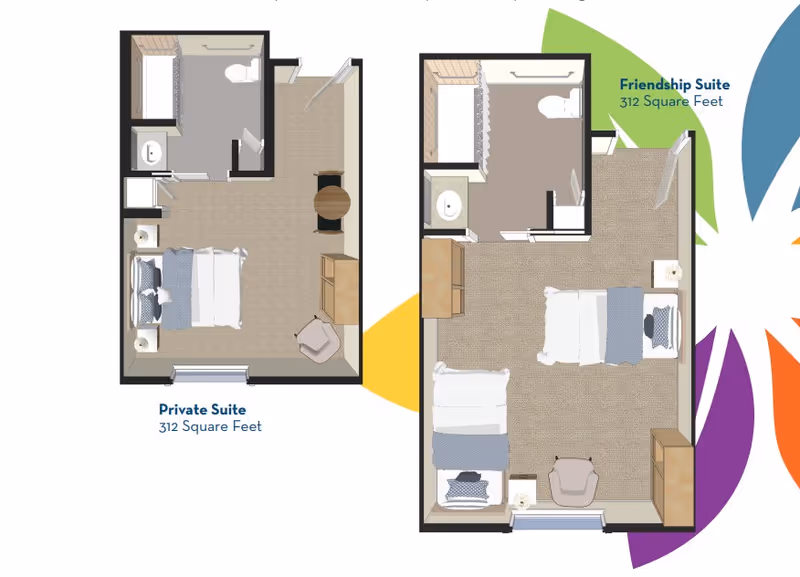 Floor plan layout showing two types of suites at YOURLife of Coconut Creek: a Private Suite with one bed and a bathroom, and a Friendship Suite with two beds and a bathroom. Both suites are 312 square feet and include furniture such as beds, chairs, tables, and dressers.