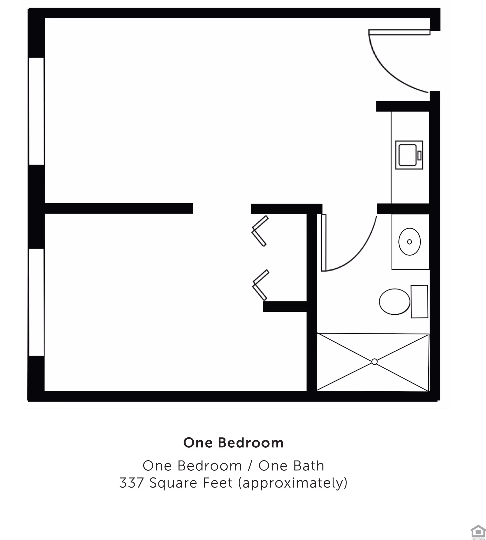 Floor plan layout of a one-bedroom, one-bath apartment approximately 337 square feet, showing a bedroom, bathroom with shower, toilet, and sink, and a small kitchen area near the entrance.