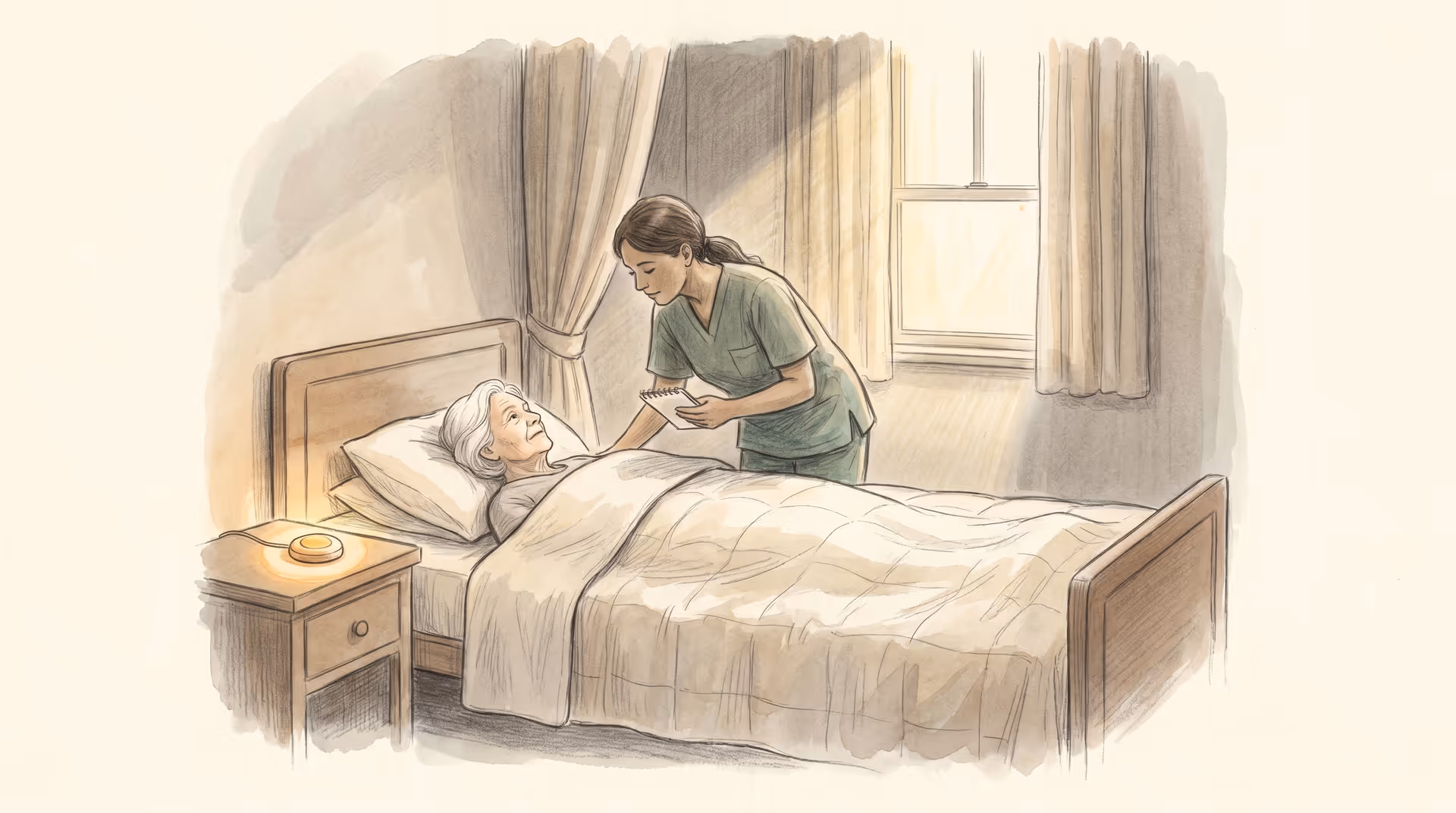 A cozy bedroom nightstand with a warm glowing lamp, glasses, and a mug — evoking the comfort and safety of 24-hour assisted living care