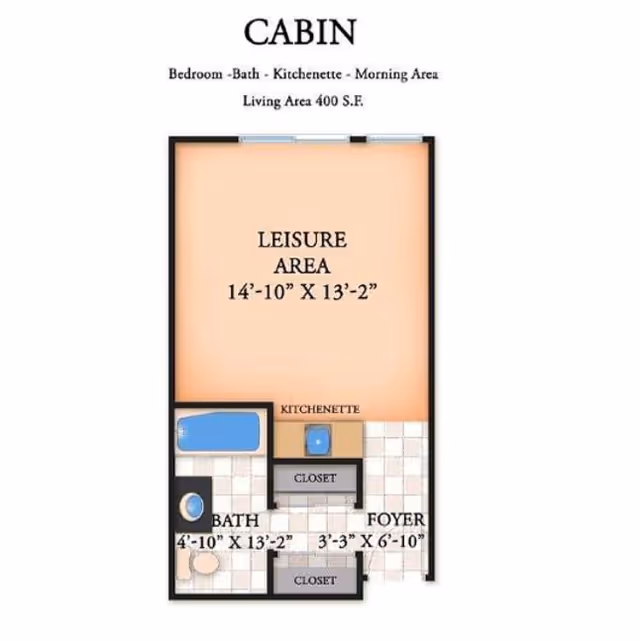 Floor plan labeled 'CABIN' showing a studio layout with a leisure area, kitchenette, bathroom, foyer, and closets with dimensions.