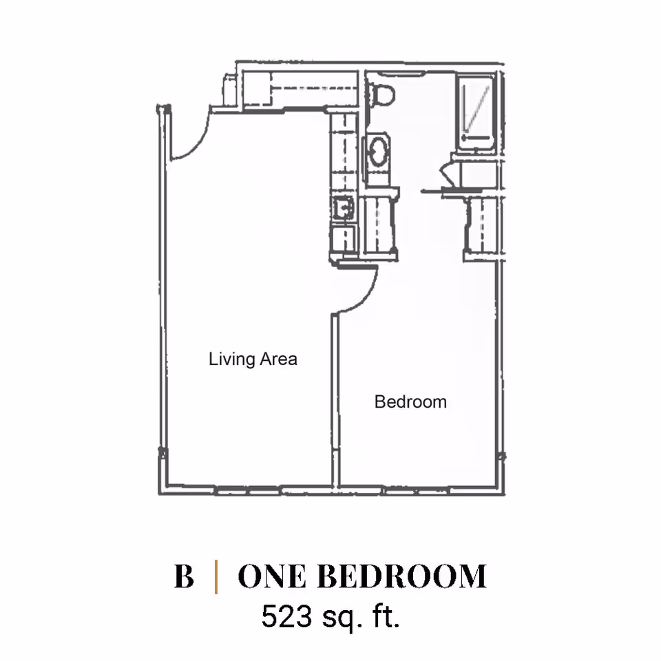 Black-and-white floor plan labeled 'One Bedroom' showing a living area, bedroom, kitchen and bathroom with 523 sq. ft.