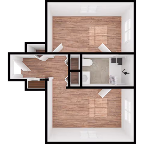 Top-down view of a two-bedroom apartment floor plan with a bathroom and a small hallway. The bedrooms have wooden floors and windows, while the bathroom has tiled flooring, a toilet, a sink, and a shower area.