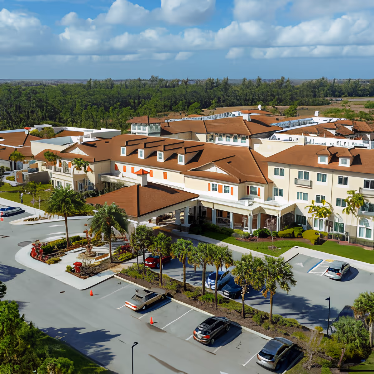 Aerial view of a senior living facility's main building with red-brown roofs, landscaped entrance, palm trees, and a parking lot.
